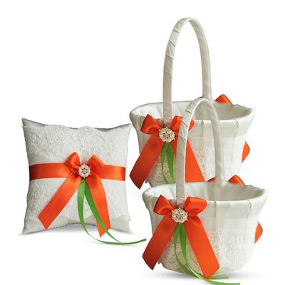 Alex Emotions Ivory Ring Bearer Pillow and Basket Set | Lace Collection | Flower Girl & Welcome Basket for Guest | Handmade Wedding Baskets & Pillows (Orange Lime)