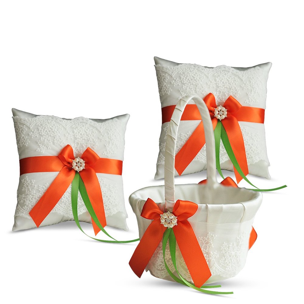 Alex Emotions Ivory Ring Bearer Pillow and Basket Set | Lace Collection | Flower Girl & Welcome Basket for Guest | Handmade Wedding Baskets & Pillows (Orange Lime)