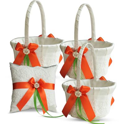Alex Emotions Ivory Ring Bearer Pillow and Basket Set | Lace Collection | Flower Girl & Welcome Basket for Guest | Handmade Wedding Baskets & Pillows (Orange Lime)