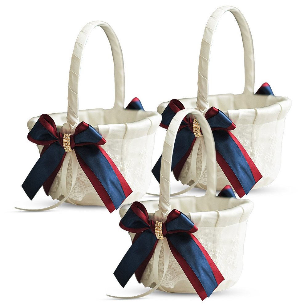 Alex Emotions Ivory Ring Bearer Pillow and Basket Set | Lace Collection | Flower Girl & Welcome Basket for Guest | Handmade Wedding Baskets & Pillows (Burgundy Navy Blue)
