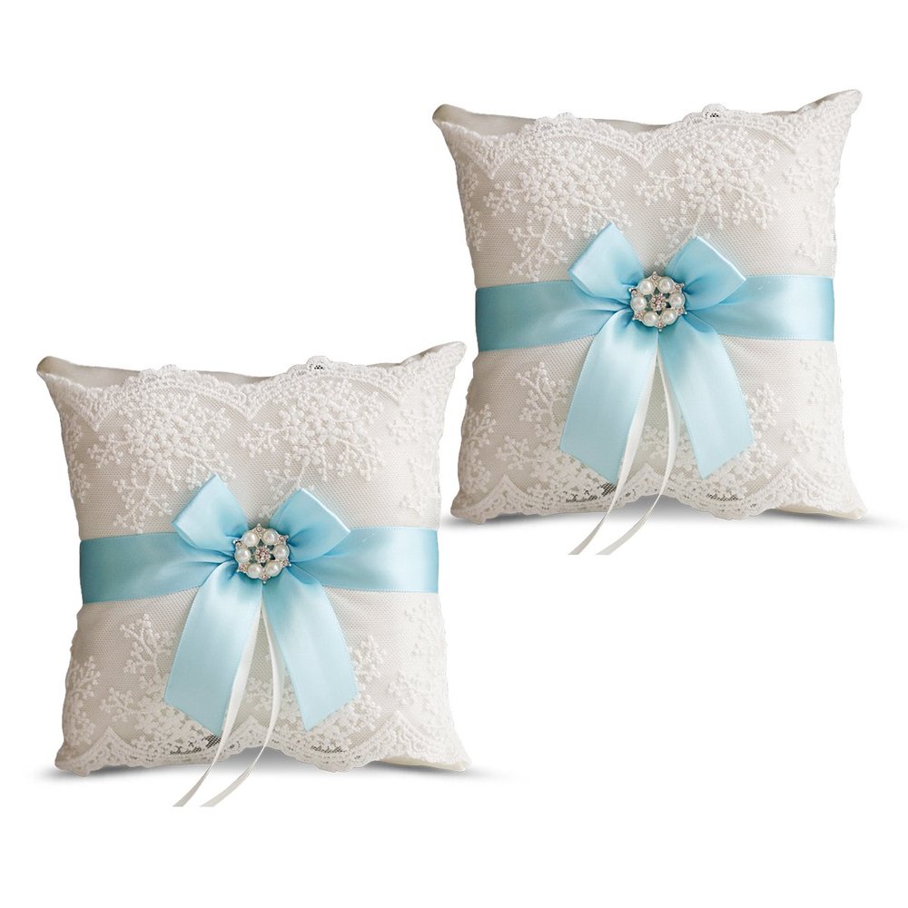 Alex Emotions Ivory Ring Bearer Pillow and Basket Set | Lace Collection | Flower Girl & Welcome Basket for Guest | Handmade Wedding Baskets & Pillows (Sky Blue)