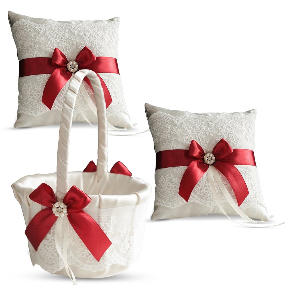 Alex Emotions Ivory Ring Bearer Pillow and Basket Set | Lace Collection | Flower Girl & Welcome Basket for Guest | Handmade Wedding Baskets & Pillows (Scarlet RED)