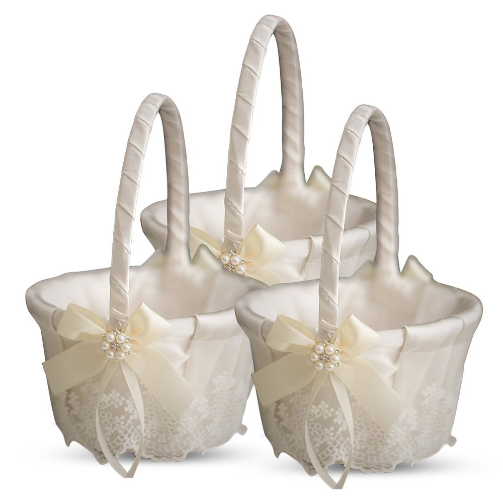 Alex Emotions Ivory Ring Bearer Pillow and Basket Set | Lace Collection | Flower Girl & Welcome Basket for Guest | Handmade Wedding Baskets & Pillows (Ivory)
