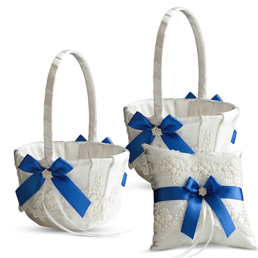 Alex Emotions Ivory Ring Bearer Pillow and Basket Set | Lace Collection | Flower Girl & Welcome Basket for Guest | Handmade Wedding Baskets & Pillows (Royal Blue)