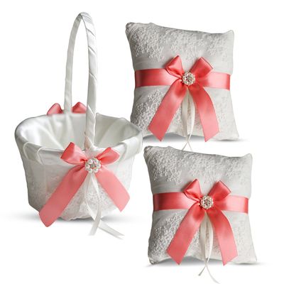 Alex Emotions Ivory Ring Bearer Pillow and Basket Set | Lace Collection | Flower Girl & Welcome Basket for Guest | Handmade Wedding Baskets & Pillows (Coral)