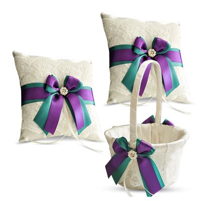 Alex Emotions Ivory Ring Bearer Pillow and Basket Set | Lace Collection | Flower Girl & Welcome Basket for Guest | Handmade Wedding Baskets & Pillows (Teal Purple)