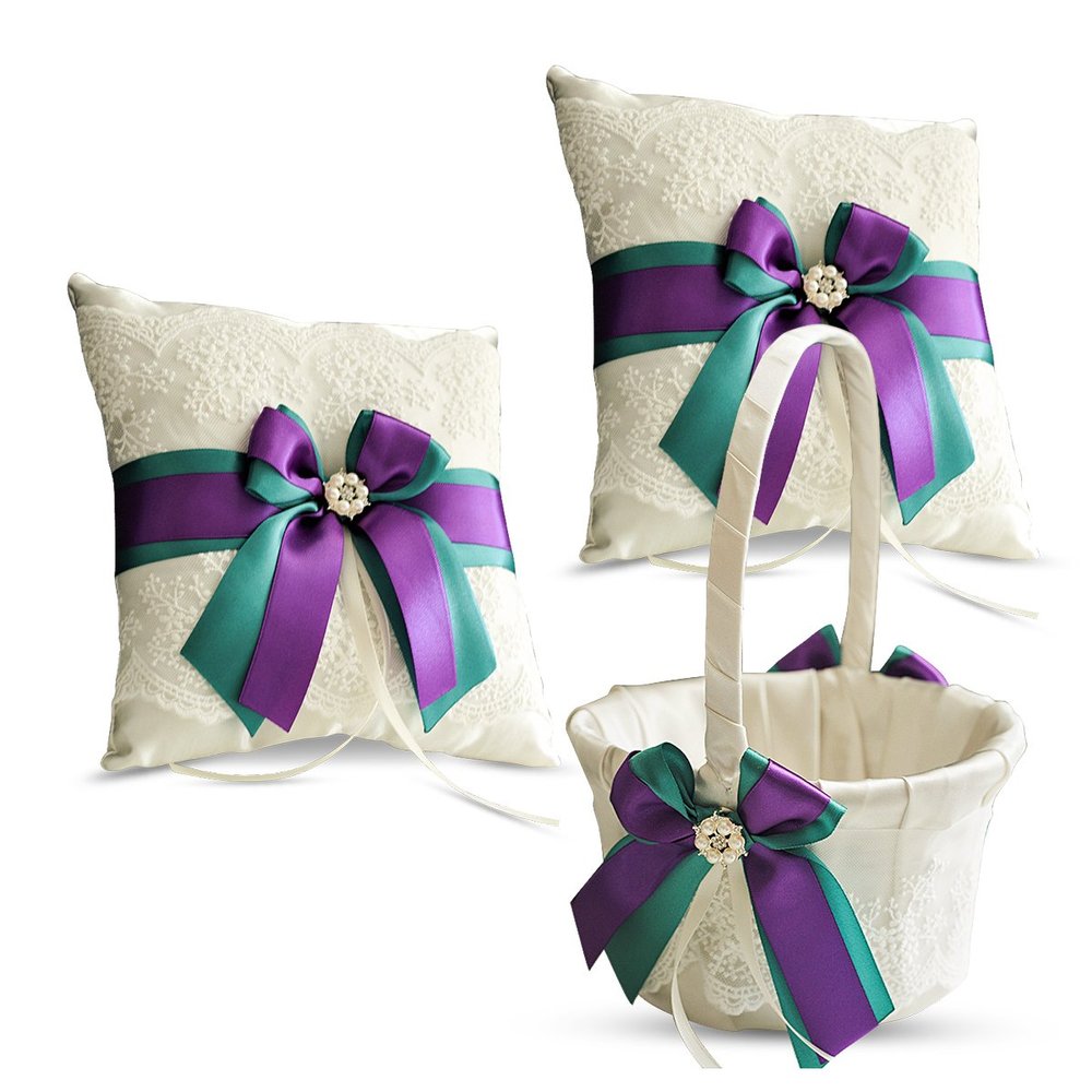 Alex Emotions Ivory Ring Bearer Pillow and Basket Set | Lace Collection | Flower Girl & Welcome Basket for Guest | Handmade Wedding Baskets & Pillows (Teal Purple)