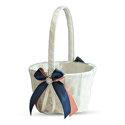 Alex Emotions Ivory Ring Bearer Pillow and Basket Set | Lace Collection | Flower Girl & Welcome Basket for Guest | Handmade Wedding Baskets & Pillows (Navy Rose Gold)