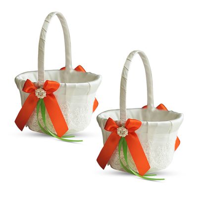 Alex Emotions Ivory Ring Bearer Pillow and Basket Set | Lace Collection | Flower Girl & Welcome Basket for Guest | Handmade Wedding Baskets & Pillows (Orange Lime)