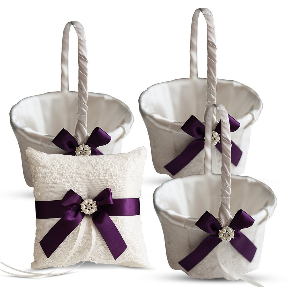 Alex Emotions Ivory Ring Bearer Pillow and Basket Set | Lace Collection | Flower Girl & Welcome Basket for Guest | Handmade Wedding Baskets & Pillows (Plum)