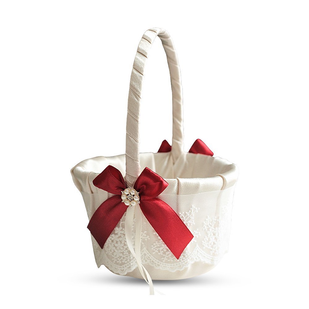 Alex Emotions Ivory Ring Bearer Pillow and Basket Set | Lace Collection | Flower Girl & Welcome Basket for Guest | Handmade Wedding Baskets & Pillows (RED)