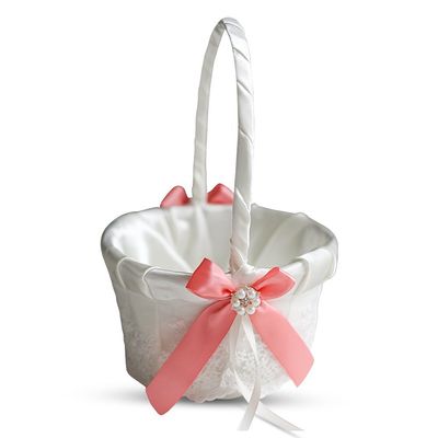 Alex Emotions Ivory Ring Bearer Pillow and Basket Set | Lace Collection | Flower Girl & Welcome Basket for Guest | Handmade Wedding Baskets & Pillows (Coral)