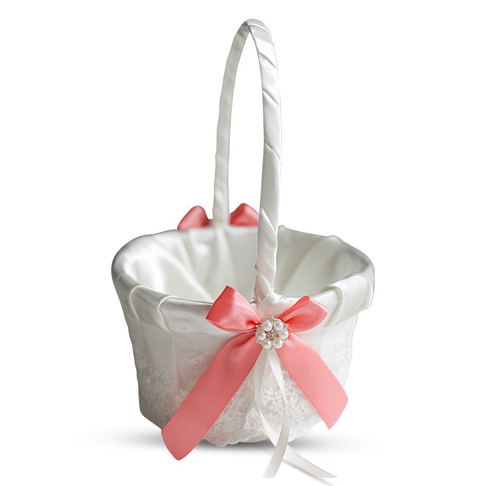 Alex Emotions Ivory Ring Bearer Pillow and Basket Set | Lace Collection | Flower Girl & Welcome Basket for Guest | Handmade Wedding Baskets & Pillows (Coral)