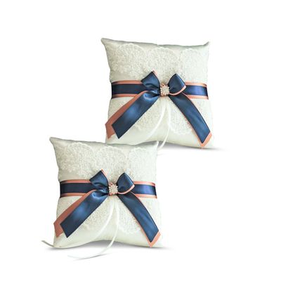 Alex Emotions Ivory Ring Bearer Pillow and Basket Set | Lace Collection | Flower Girl & Welcome Basket for Guest | Handmade Wedding Baskets & Pillows (Navy Rose Gold)