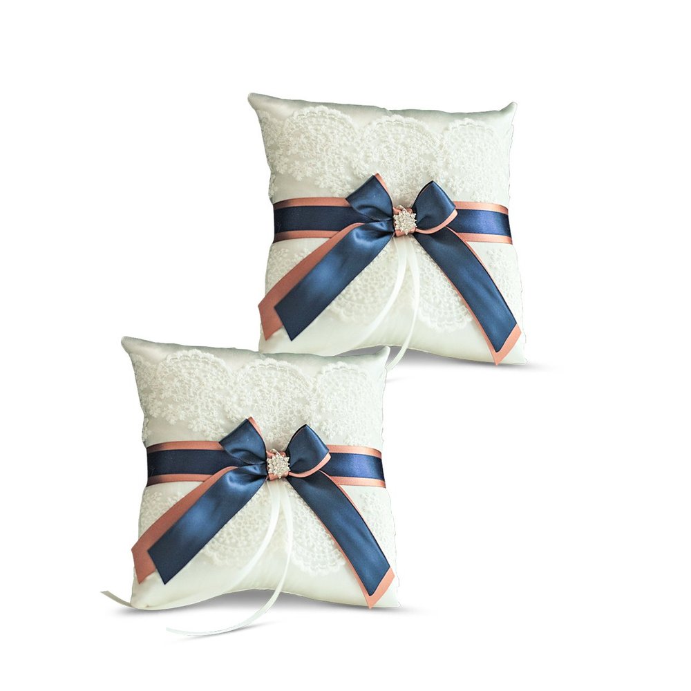 Alex Emotions Ivory Ring Bearer Pillow and Basket Set | Lace Collection | Flower Girl & Welcome Basket for Guest | Handmade Wedding Baskets & Pillows (Navy Rose Gold)