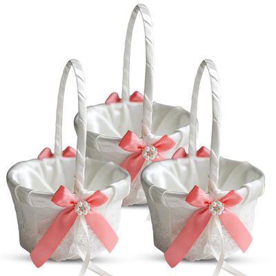 Alex Emotions Ivory Ring Bearer Pillow and Basket Set | Lace Collection | Flower Girl & Welcome Basket for Guest | Handmade Wedding Baskets & Pillows (Coral)