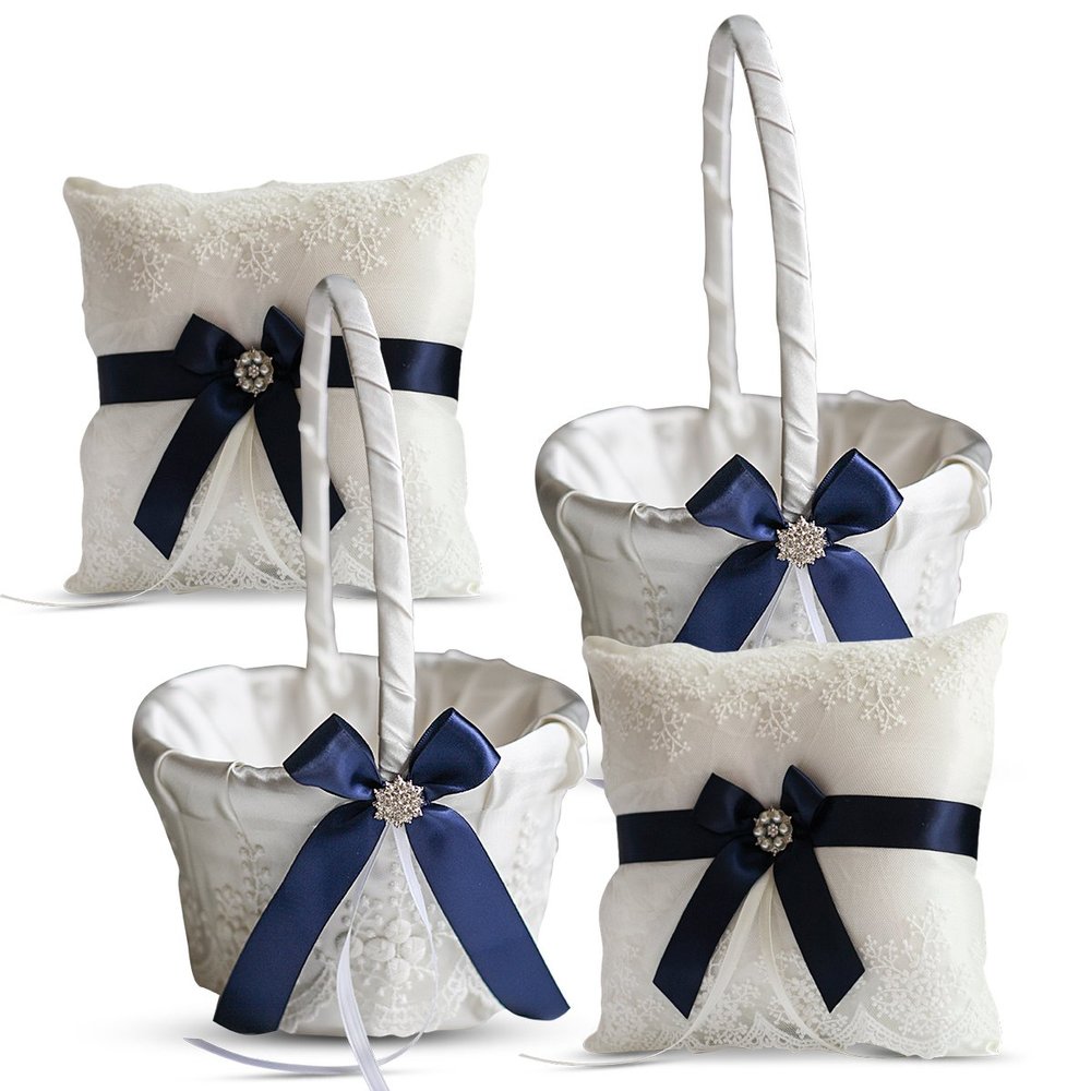 Alex Emotions Ivory Ring Bearer Pillow and Basket Set | Lace Collection | Flower Girl & Welcome Basket for Guest | Handmade Wedding Baskets & Pillows (Navy Blue)