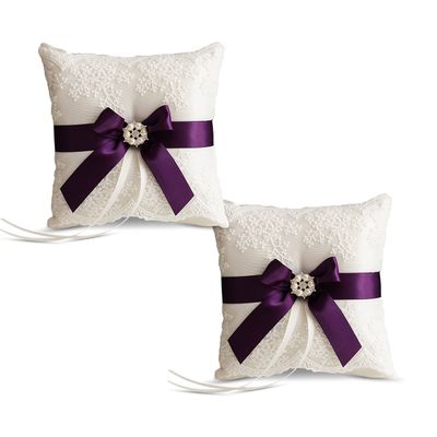 Alex Emotions Ivory Ring Bearer Pillow and Basket Set | Lace Collection | Flower Girl & Welcome Basket for Guest | Handmade Wedding Baskets & Pillows (Plum)