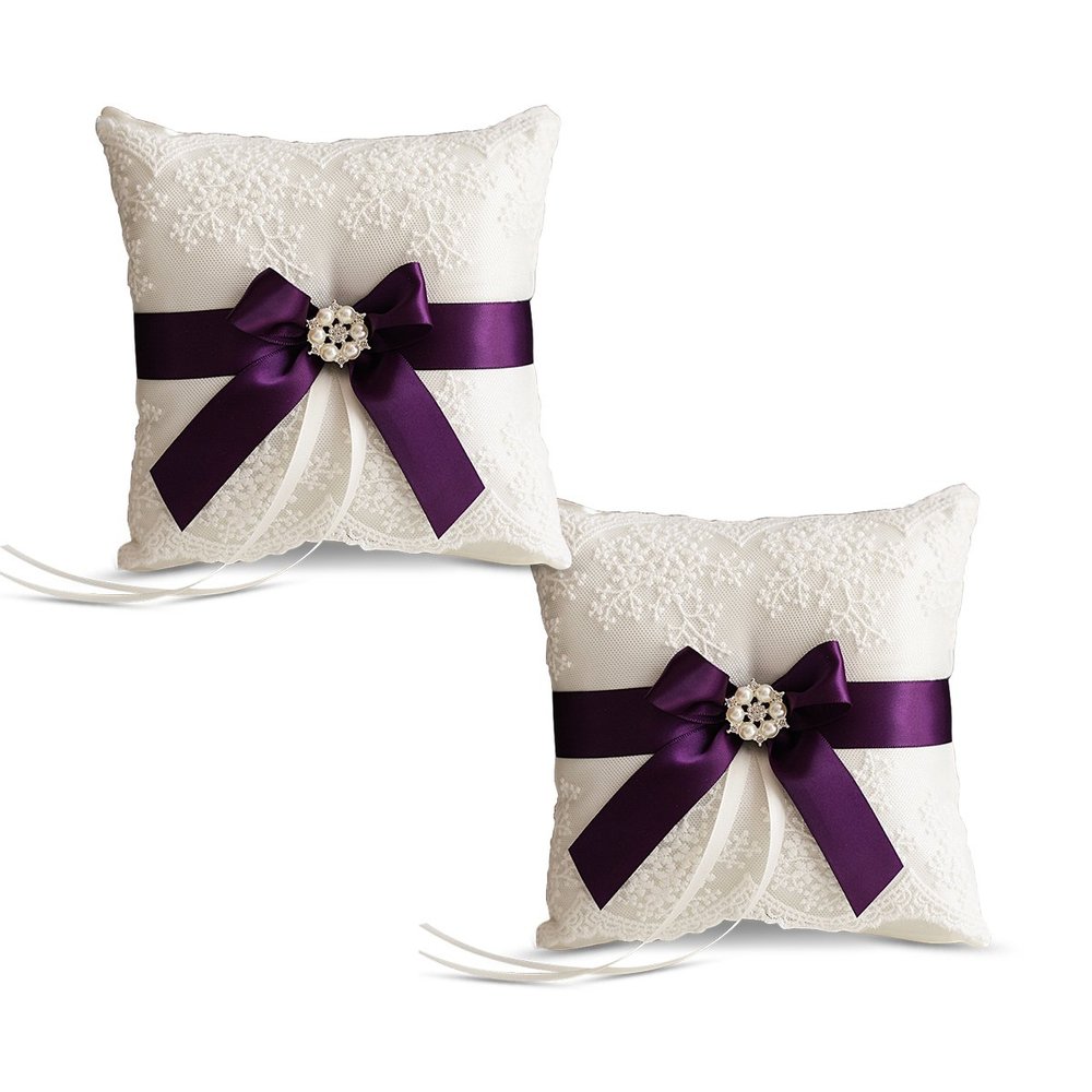 Alex Emotions Ivory Ring Bearer Pillow and Basket Set | Lace Collection | Flower Girl & Welcome Basket for Guest | Handmade Wedding Baskets & Pillows (Plum)