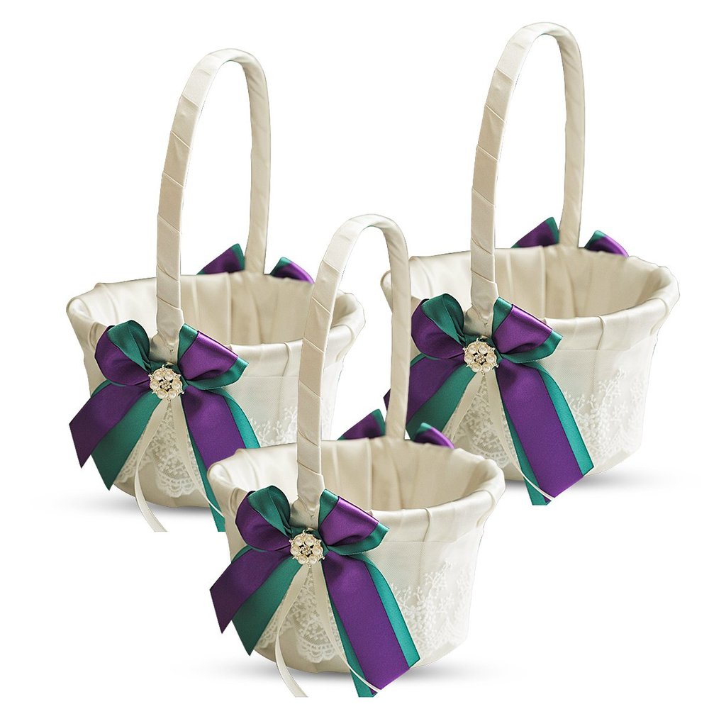 Alex Emotions Ivory Ring Bearer Pillow and Basket Set | Lace Collection | Flower Girl & Welcome Basket for Guest | Handmade Wedding Baskets & Pillows (Teal Purple)