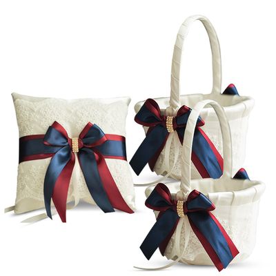 Alex Emotions Ivory Ring Bearer Pillow and Basket Set | Lace Collection | Flower Girl & Welcome Basket for Guest | Handmade Wedding Baskets & Pillows (Burgundy Navy Blue)