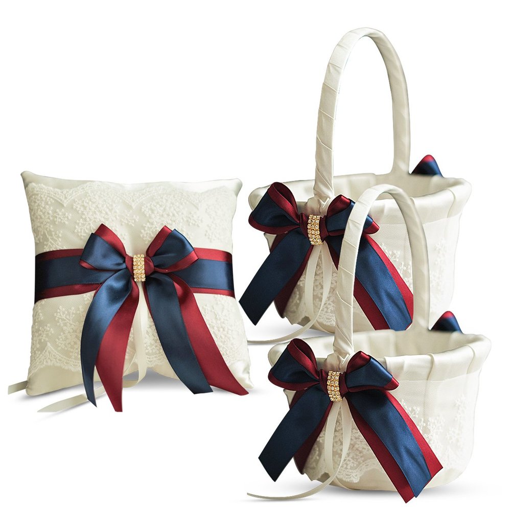 Alex Emotions Ivory Ring Bearer Pillow and Basket Set | Lace Collection | Flower Girl & Welcome Basket for Guest | Handmade Wedding Baskets & Pillows (Burgundy Navy Blue)