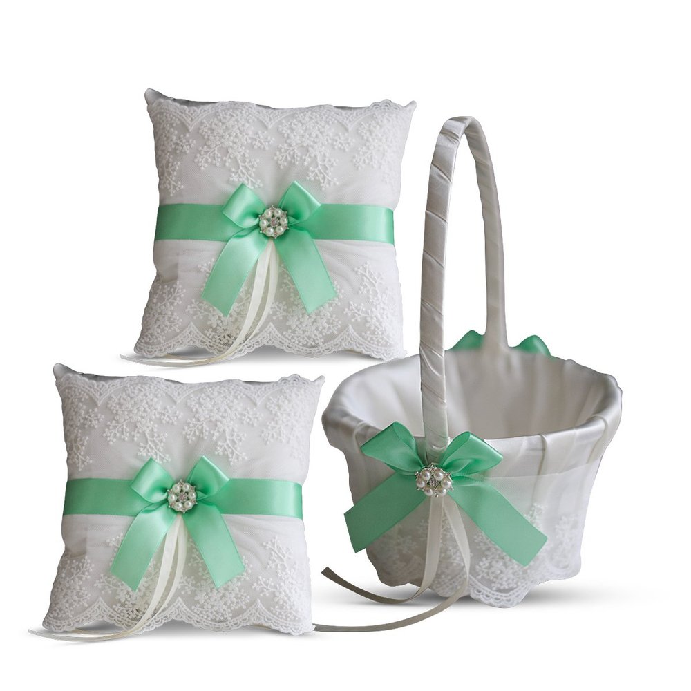 Alex Emotions Ivory Ring Bearer Pillow and Basket Set | Lace Collection | Flower Girl & Welcome Basket for Guest | Handmade Wedding Baskets & Pillows (Apple Green)