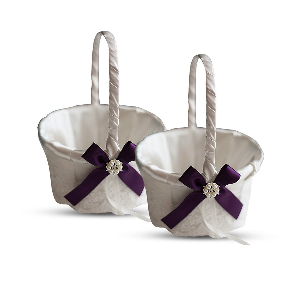 Alex Emotions Ivory Ring Bearer Pillow and Basket Set | Lace Collection | Flower Girl & Welcome Basket for Guest | Handmade Wedding Baskets & Pillows (Plum)