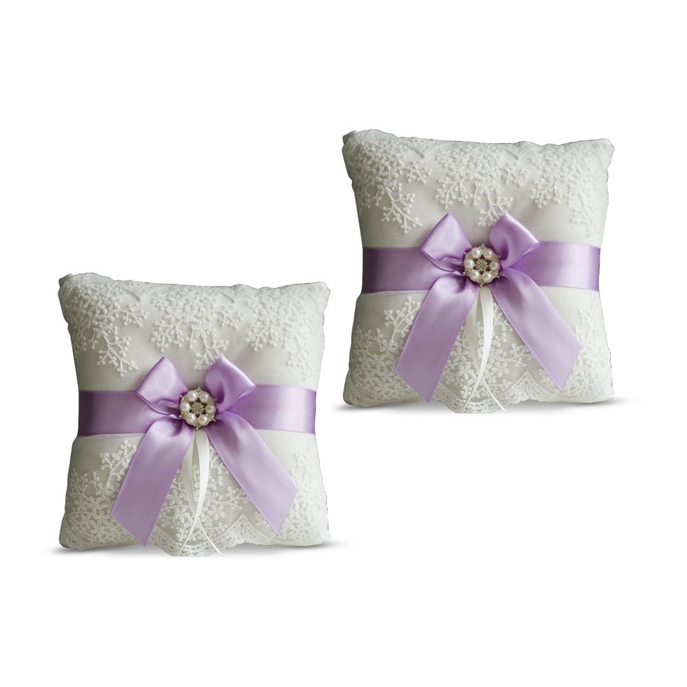 Alex Emotions Ivory Ring Bearer Pillow and Basket Set | Lace Collection | Flower Girl & Welcome Basket for Guest | Handmade Wedding Baskets & Pillows (Violet Lilac Lavender)