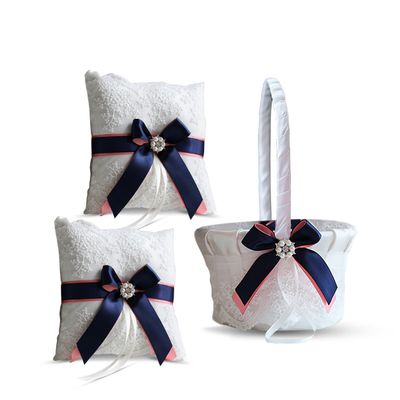 Alex Emotions Ivory Ring Bearer Pillow and Basket Set | Lace Collection | Flower Girl & Welcome Basket for Guest | Handmade Wedding Baskets & Pillows (Coral Navy Blue)