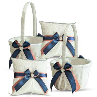 Alex Emotions Ivory Ring Bearer Pillow and Basket Set | Lace Collection | Flower Girl & Welcome Basket for Guest | Handmade Wedding Baskets & Pillows (Navy Rose Gold)