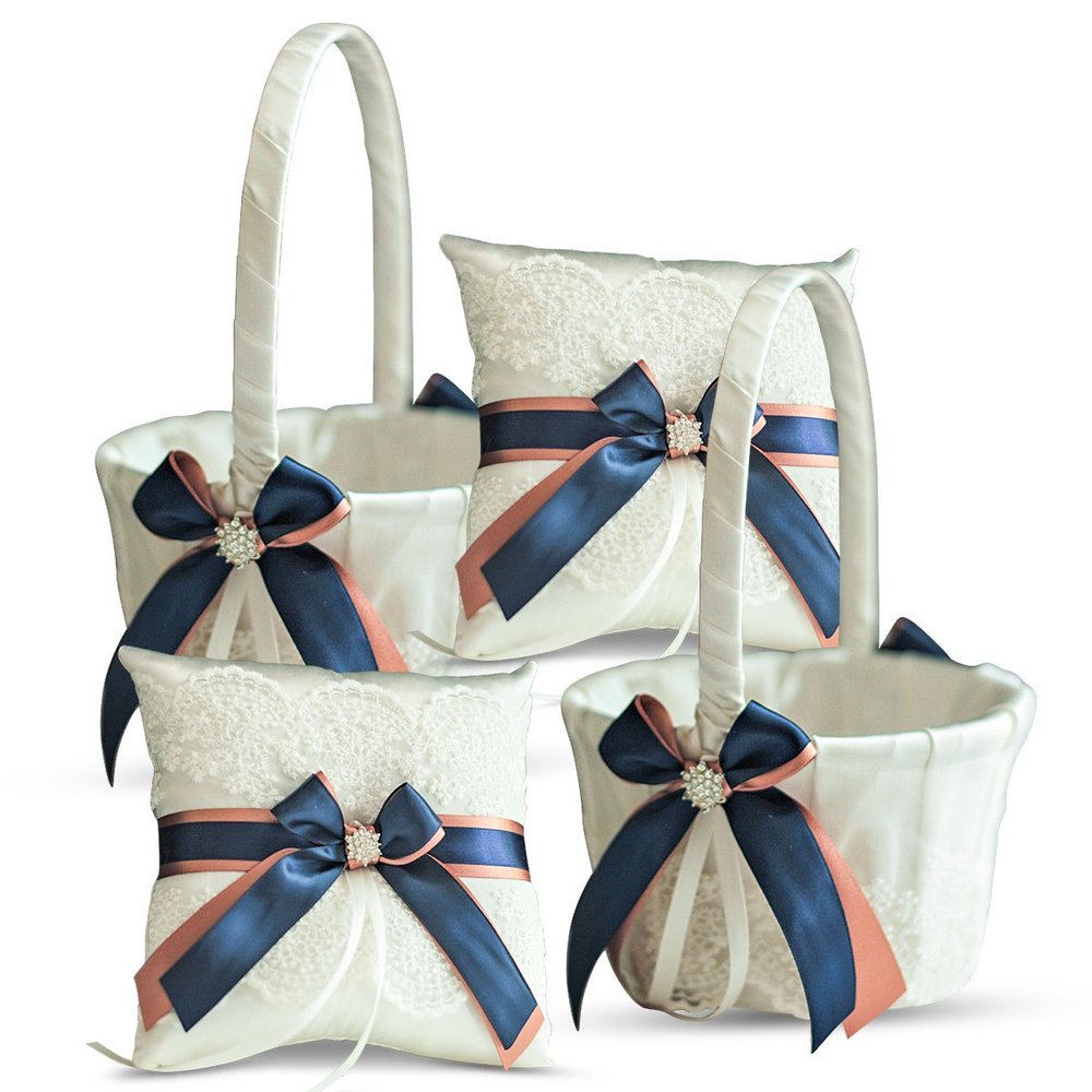 Alex Emotions Ivory Ring Bearer Pillow and Basket Set | Lace Collection | Flower Girl & Welcome Basket for Guest | Handmade Wedding Baskets & Pillows (Navy Rose Gold)