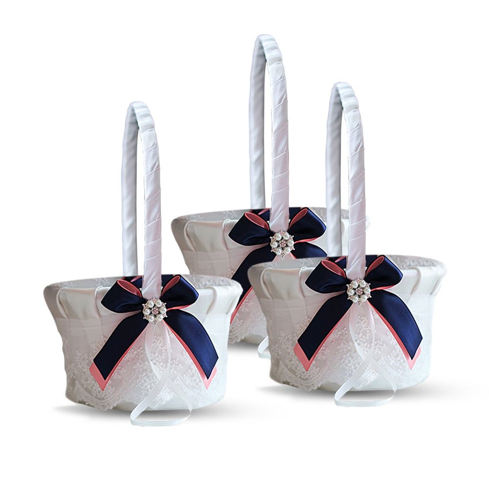 Alex Emotions Ivory Ring Bearer Pillow and Basket Set | Lace Collection | Flower Girl & Welcome Basket for Guest | Handmade Wedding Baskets & Pillows (Coral Navy Blue)