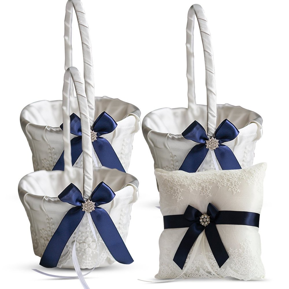 Alex Emotions Ivory Ring Bearer Pillow and Basket Set | Lace Collection | Flower Girl & Welcome Basket for Guest | Handmade Wedding Baskets & Pillows (Navy Blue)