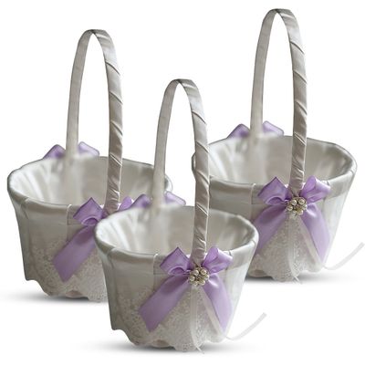 Alex Emotions Ivory Ring Bearer Pillow and Basket Set | Lace Collection | Flower Girl & Welcome Basket for Guest | Handmade Wedding Baskets & Pillows (Violet Lilac Lavender)