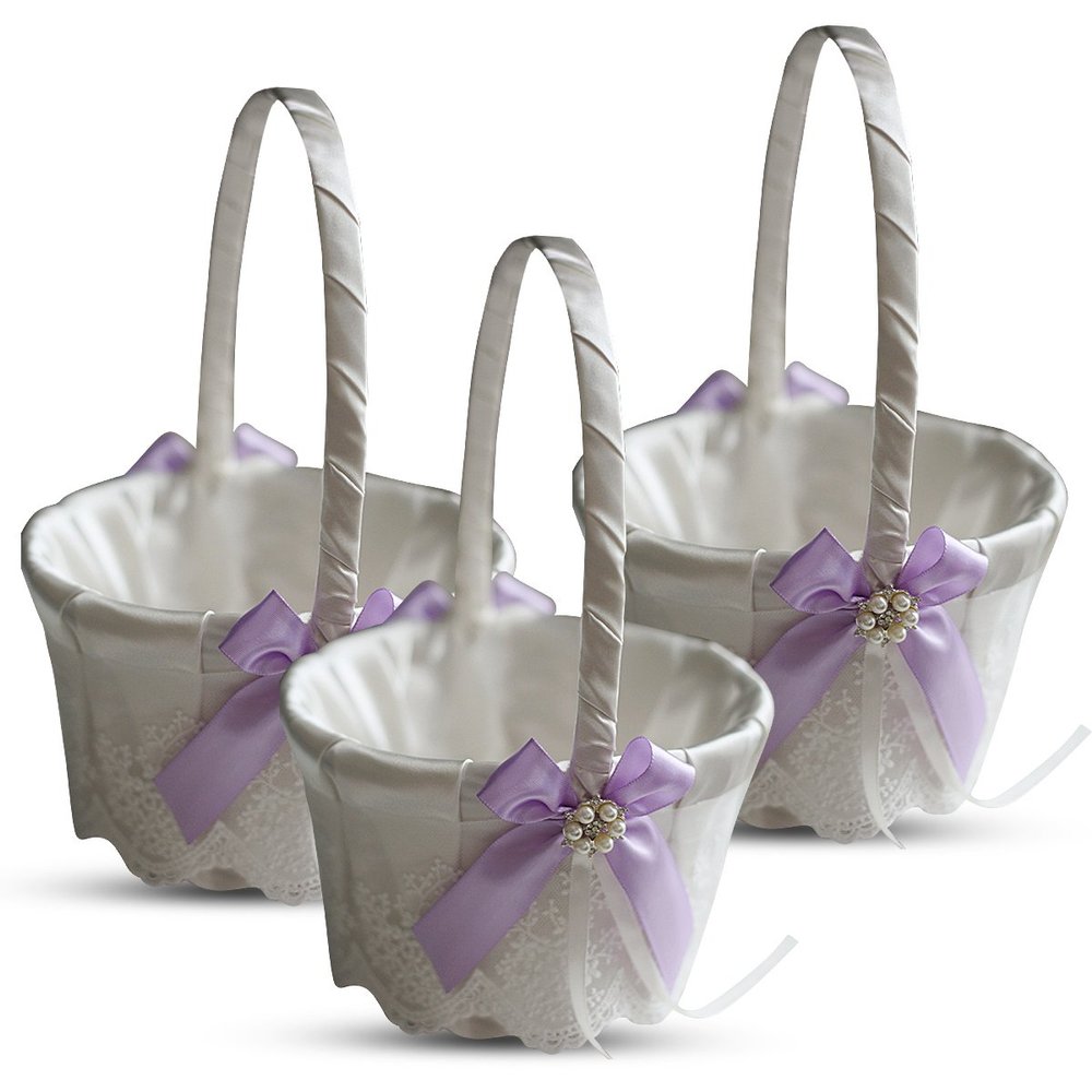 Alex Emotions Ivory Ring Bearer Pillow and Basket Set | Lace Collection | Flower Girl & Welcome Basket for Guest | Handmade Wedding Baskets & Pillows (Violet Lilac Lavender)