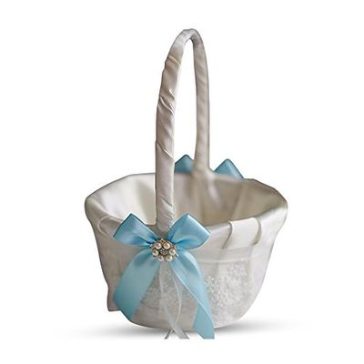 Alex Emotions Ivory Ring Bearer Pillow and Basket Set | Lace Collection | Flower Girl & Welcome Basket for Guest | Handmade Wedding Baskets & Pillows (Sky Blue)