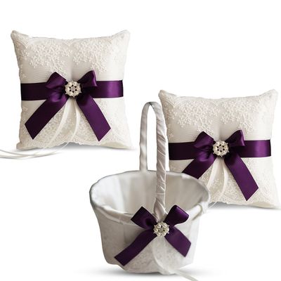 Alex Emotions Ivory Ring Bearer Pillow and Basket Set | Lace Collection | Flower Girl & Welcome Basket for Guest | Handmade Wedding Baskets & Pillows (Plum)