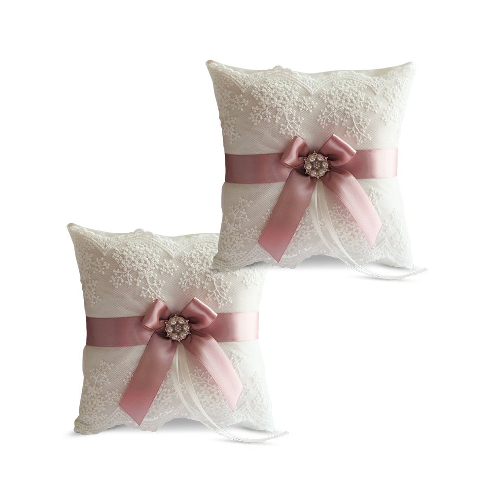 Alex Emotions Ivory Ring Bearer Pillow and Basket Set | Lace Collection | Flower Girl & Welcome Basket for Guest | Handmade Wedding Baskets & Pillows (Mauve)