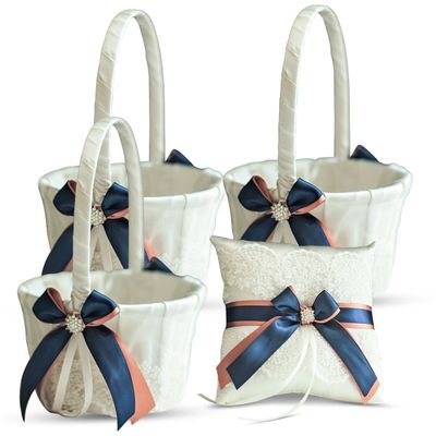 Alex Emotions Ivory Ring Bearer Pillow and Basket Set | Lace Collection | Flower Girl & Welcome Basket for Guest | Handmade Wedding Baskets & Pillows (Navy Rose Gold)