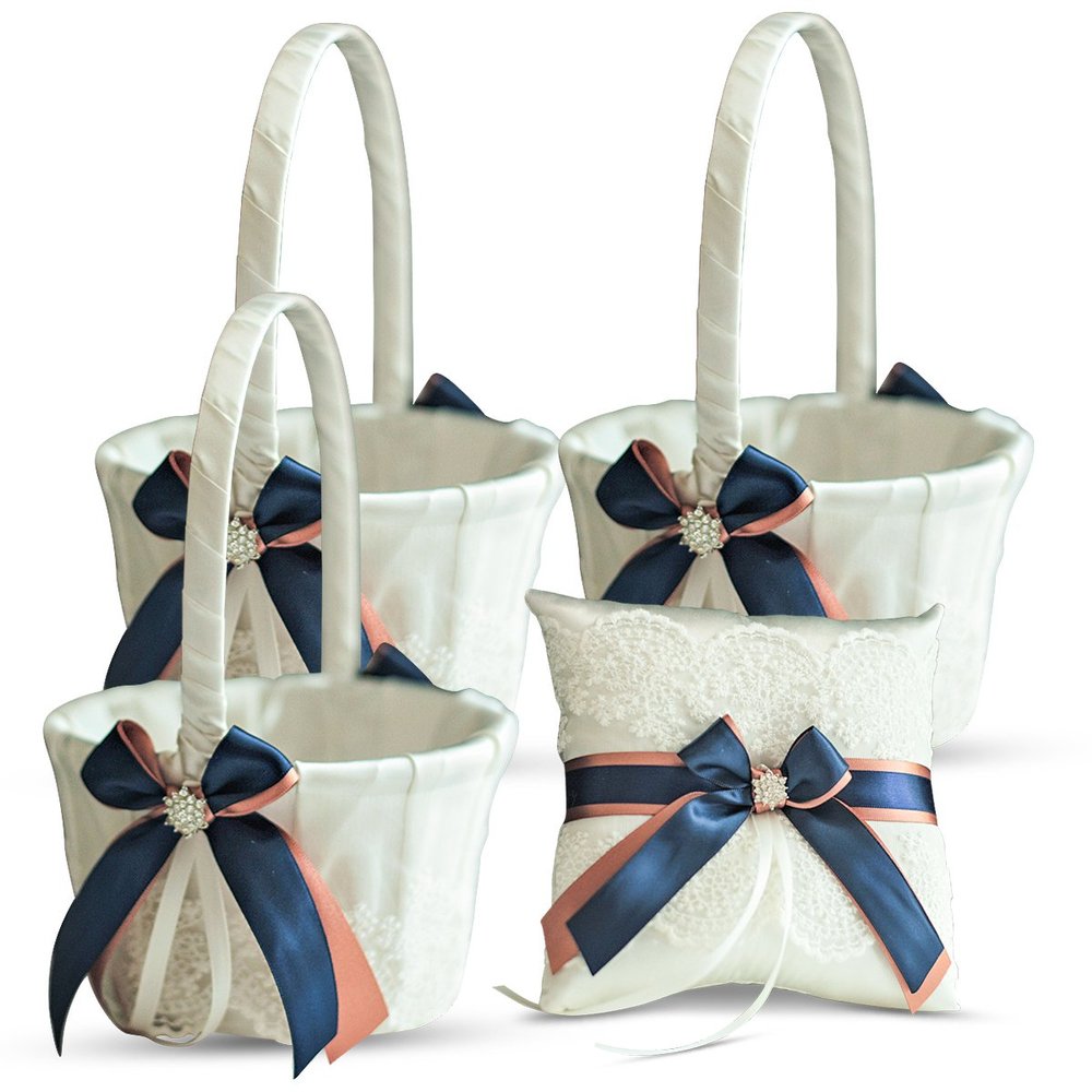 Alex Emotions Ivory Ring Bearer Pillow and Basket Set | Lace Collection | Flower Girl & Welcome Basket for Guest | Handmade Wedding Baskets & Pillows (Navy Rose Gold)