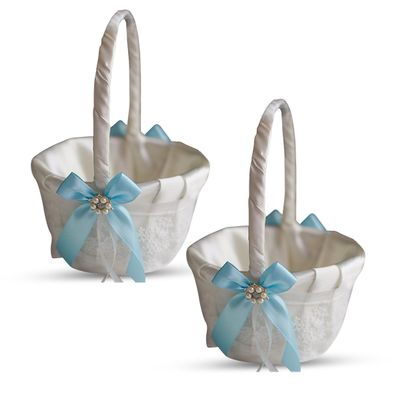 Alex Emotions Ivory Ring Bearer Pillow and Basket Set | Lace Collection | Flower Girl & Welcome Basket for Guest | Handmade Wedding Baskets & Pillows (Sky Blue)