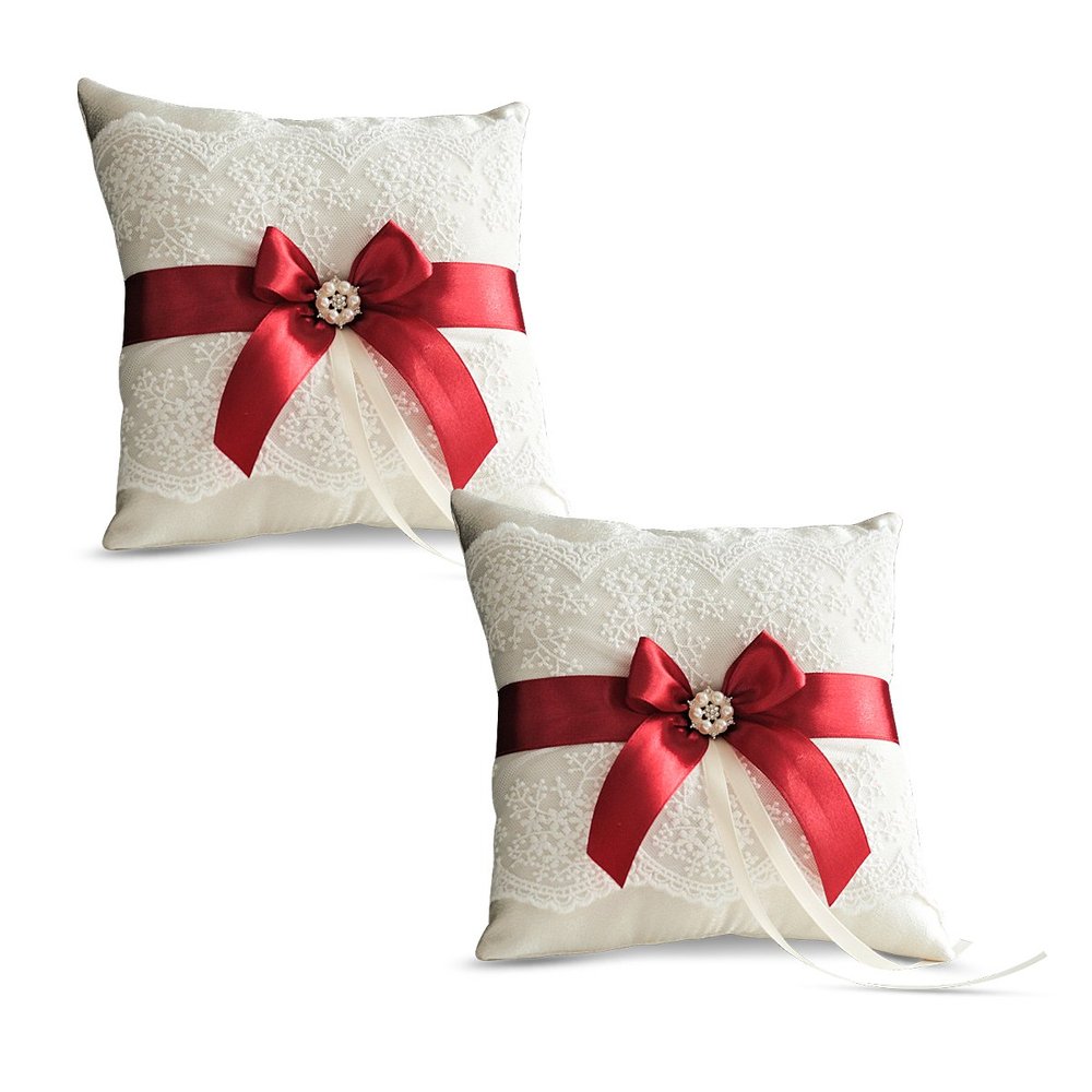 Alex Emotions Ivory Ring Bearer Pillow and Basket Set | Lace Collection | Flower Girl & Welcome Basket for Guest | Handmade Wedding Baskets & Pillows (RED)