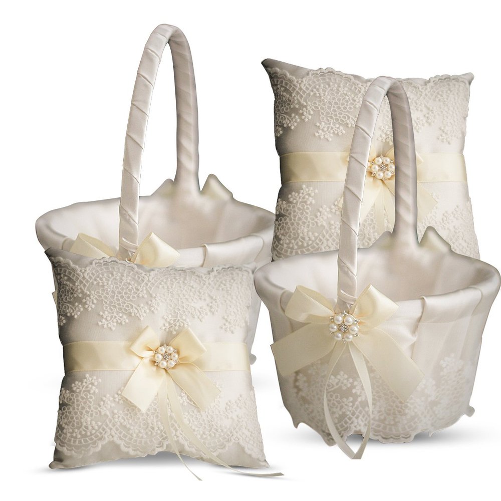 Alex Emotions Ivory Ring Bearer Pillow and Basket Set | Lace Collection | Flower Girl & Welcome Basket for Guest | Handmade Wedding Baskets & Pillows (Ivory)