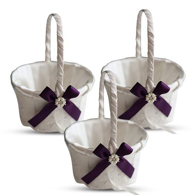 Alex Emotions Ivory Ring Bearer Pillow and Basket Set | Lace Collection | Flower Girl & Welcome Basket for Guest | Handmade Wedding Baskets & Pillows (Plum)