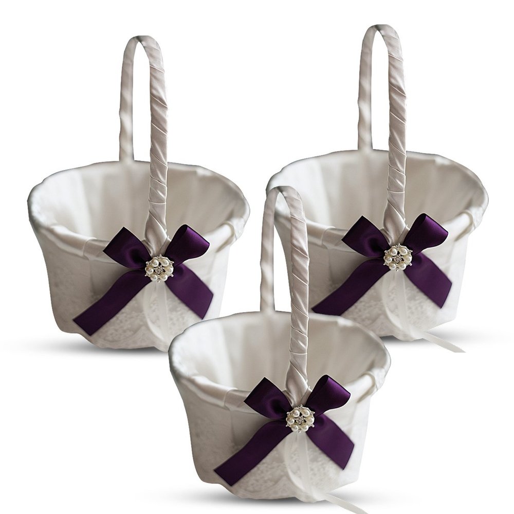 Alex Emotions Ivory Ring Bearer Pillow and Basket Set | Lace Collection | Flower Girl & Welcome Basket for Guest | Handmade Wedding Baskets & Pillows (Plum)