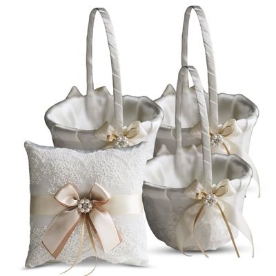 Alex Emotions Ivory Ring Bearer Pillow and Basket Set | Lace Collection | Flower Girl & Welcome Basket for Guest | Handmade Wedding Baskets & Pillows (Champagne)