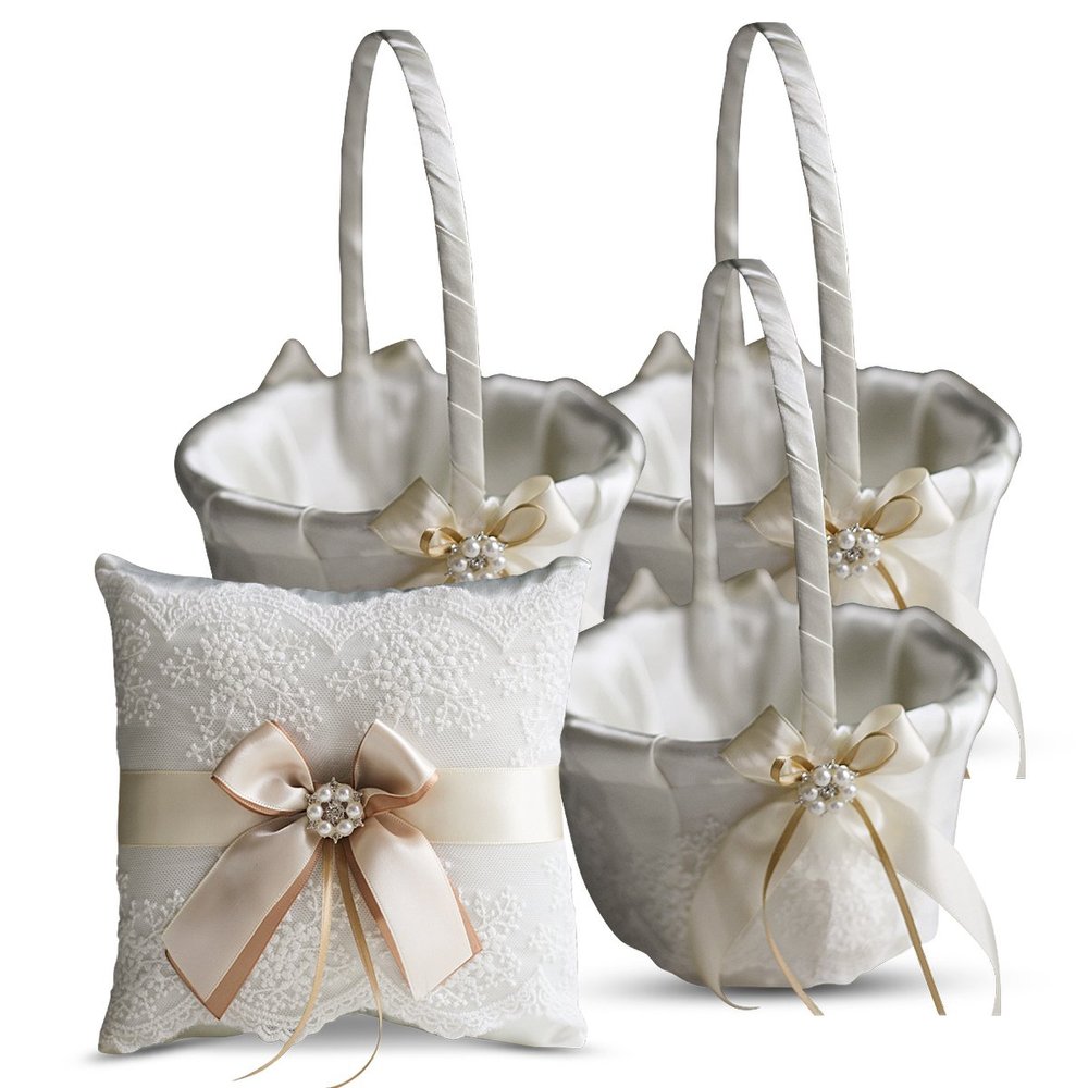 Alex Emotions Ivory Ring Bearer Pillow and Basket Set | Lace Collection | Flower Girl & Welcome Basket for Guest | Handmade Wedding Baskets & Pillows (Champagne)