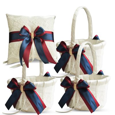 Alex Emotions Ivory Ring Bearer Pillow and Basket Set | Lace Collection | Flower Girl & Welcome Basket for Guest | Handmade Wedding Baskets & Pillows (Burgundy Navy Blue)