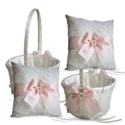 Alex Emotions Ivory Ring Bearer Pillow and Basket Set | Lace Collection | Flower Girl & Welcome Basket for Guest | Handmade Wedding Baskets & Pillows (Blush Pink)